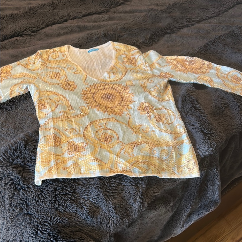 J. McLaughlin Gold Tan Graphic Fitted Blouse